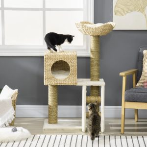 PawHut Cattail Weave Cat Tree for Indoor Cats with Rattan Cat Condo,  Bed