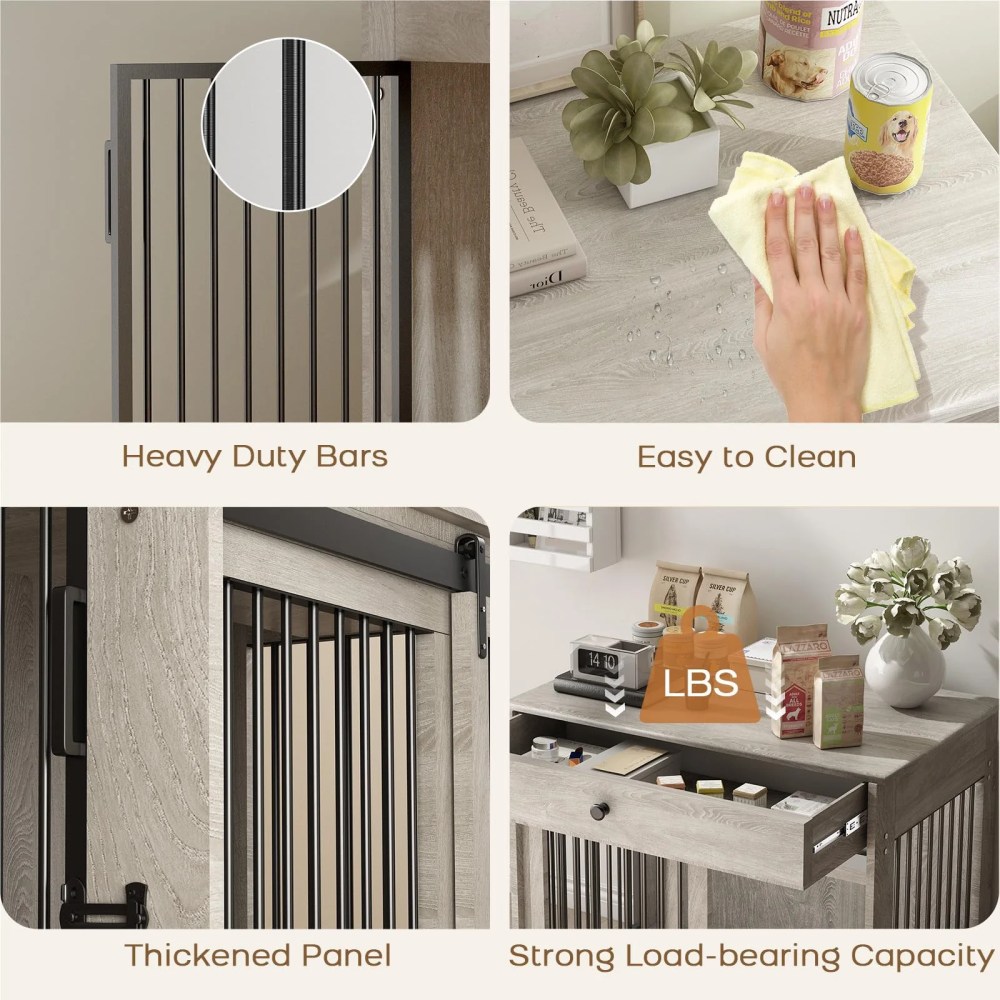 WHIFEA Modern Wooden Dog Crate Furniture with Sliding Barn Door & Side Access, Rotating Feeder Kennel for Medium-Large Dogs, Farmhouse Style, Grey - Image 6
