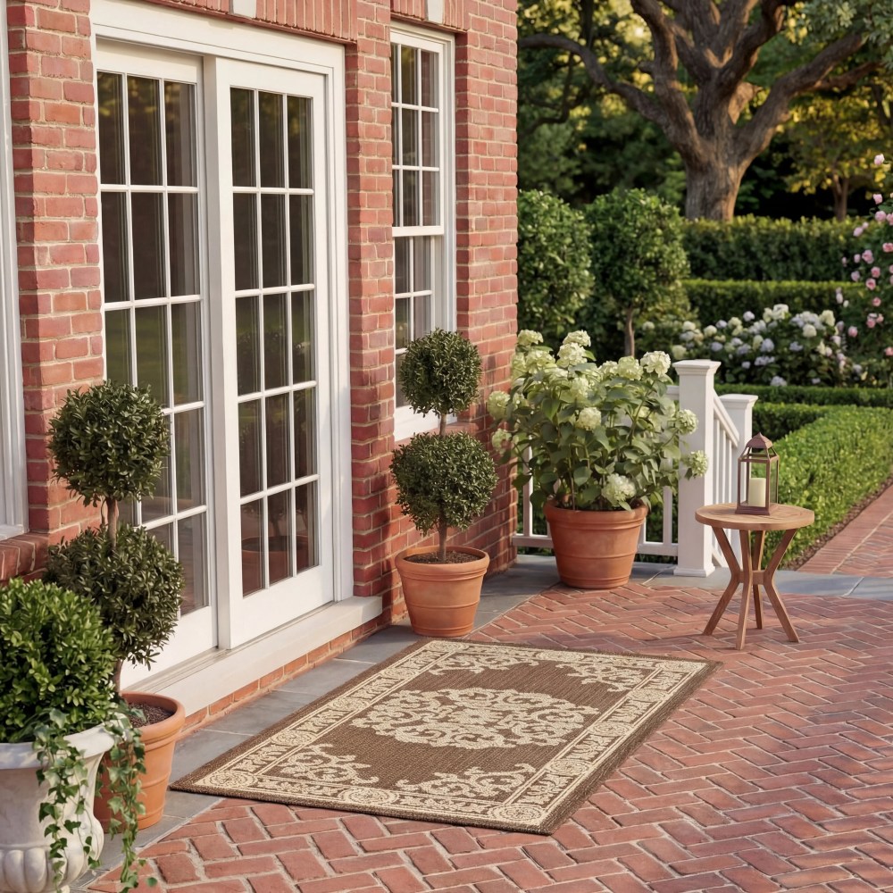 Safavieh Courtyard Cynthia Oriental Indoor/Outdoor Area Rug, Chocolate/Natural, 6'7" x 9'6" - Image 3
