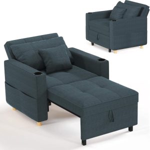 AECOJOY 3-in-1 Convertible Chair Bed Sleeper & Futon Sofa Bed Chair for Living Room Apartment-Navy Blue