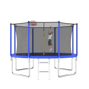 12FT Trampoline for Kids, Outdoor Trampoline with Basketball Hoop, Heavy-Duty Trampoline with Safety Enclosure Net, Green