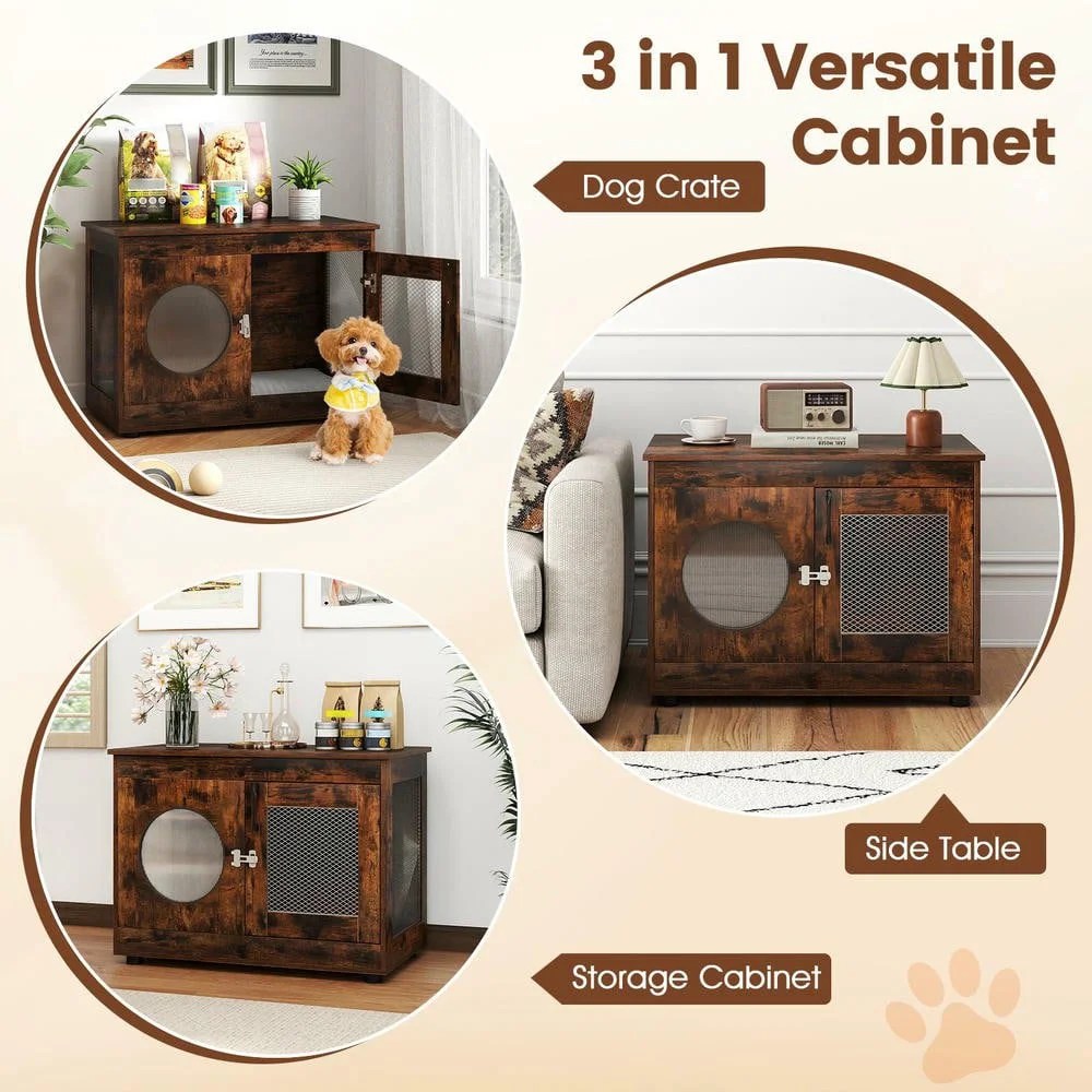 Resenkos Furniture-Style Dog Crate with Translucent Window and Lockable Door, Rustic Brown - Image 7