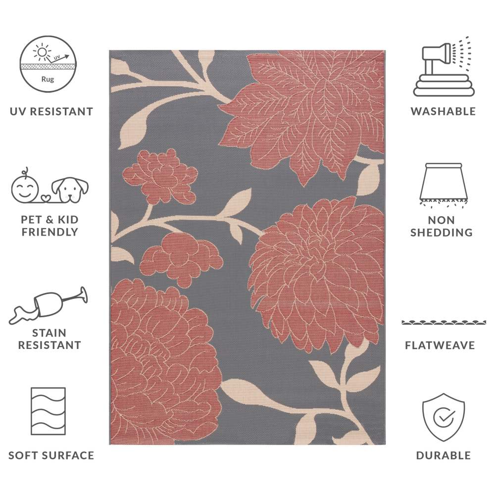 Safavieh Courtyard Tyson Floral Indoor/Outdoor Area Rug, Anthracite/Red, 6'7" x 9'6" - Image 9