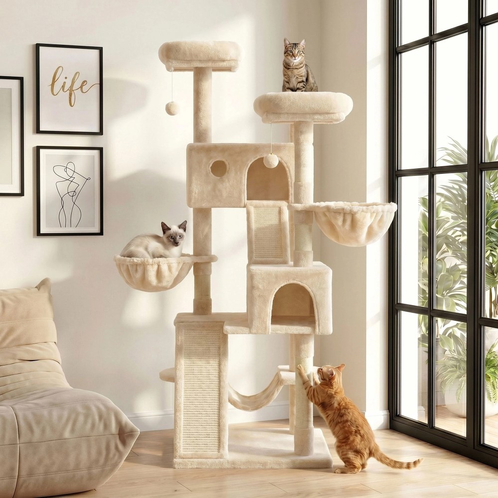 Merrland 65.7 " Large Cat Tree Tower Condo for Cats with 2 Scratching Ramps, Hammock & Scratching Posts, Beige - Image 8