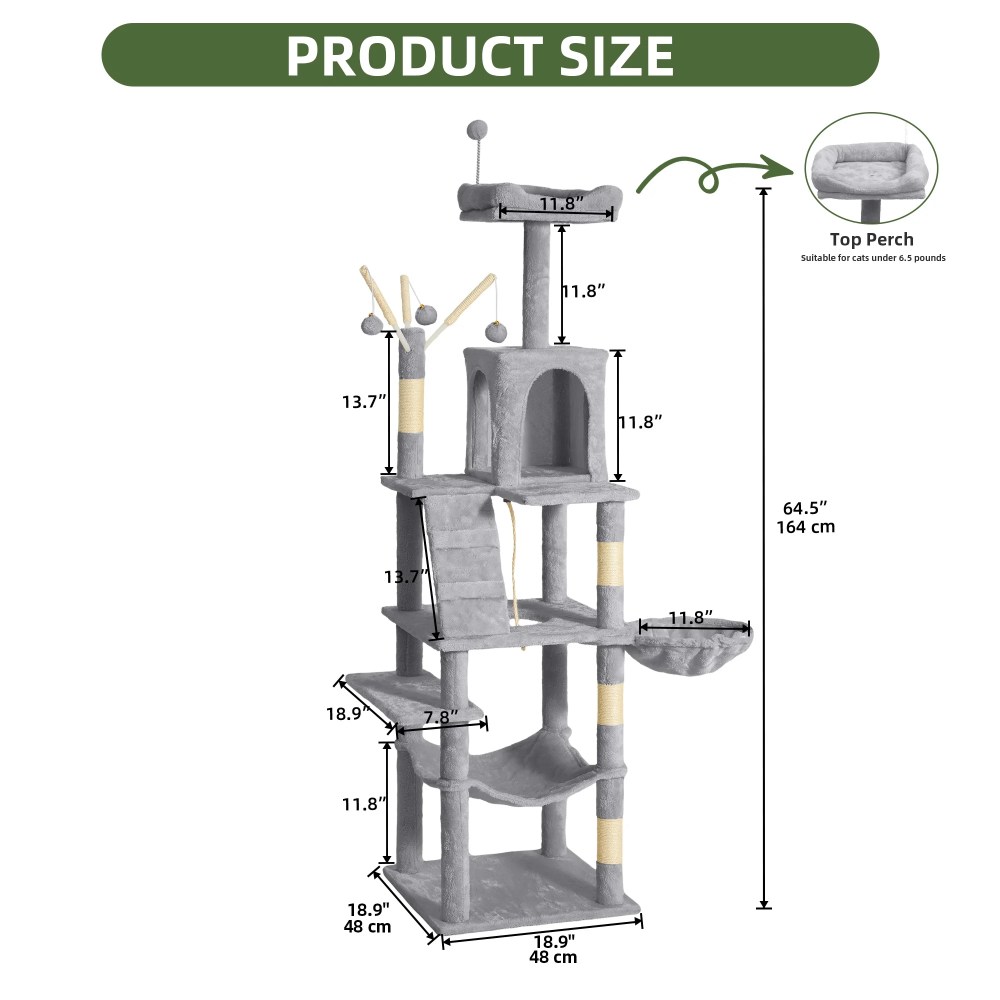 Uforic 64.5" Cat Tree Tower, Multi-Level Play Tower Condo with Scratching Posts&Perch Hammock for Indoor Cats, Light Gray - Image 5