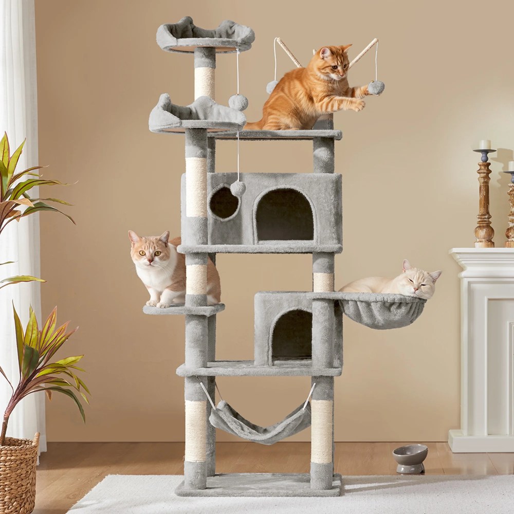 Alden Design 67" H Multi-Level Cat Tree Tower with 2 Cat Condos & Hammock Basket, Light Gray - Image 9