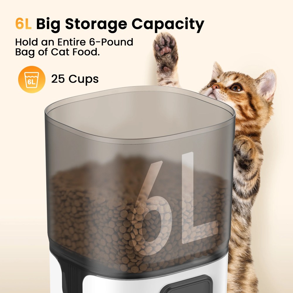 Oneisall WF-63 5GHz & 2.4GHz Automatic Cat Food Dispenser, 6L/25 Cups Automatic Cat Feeder with Camera, White - Image 3