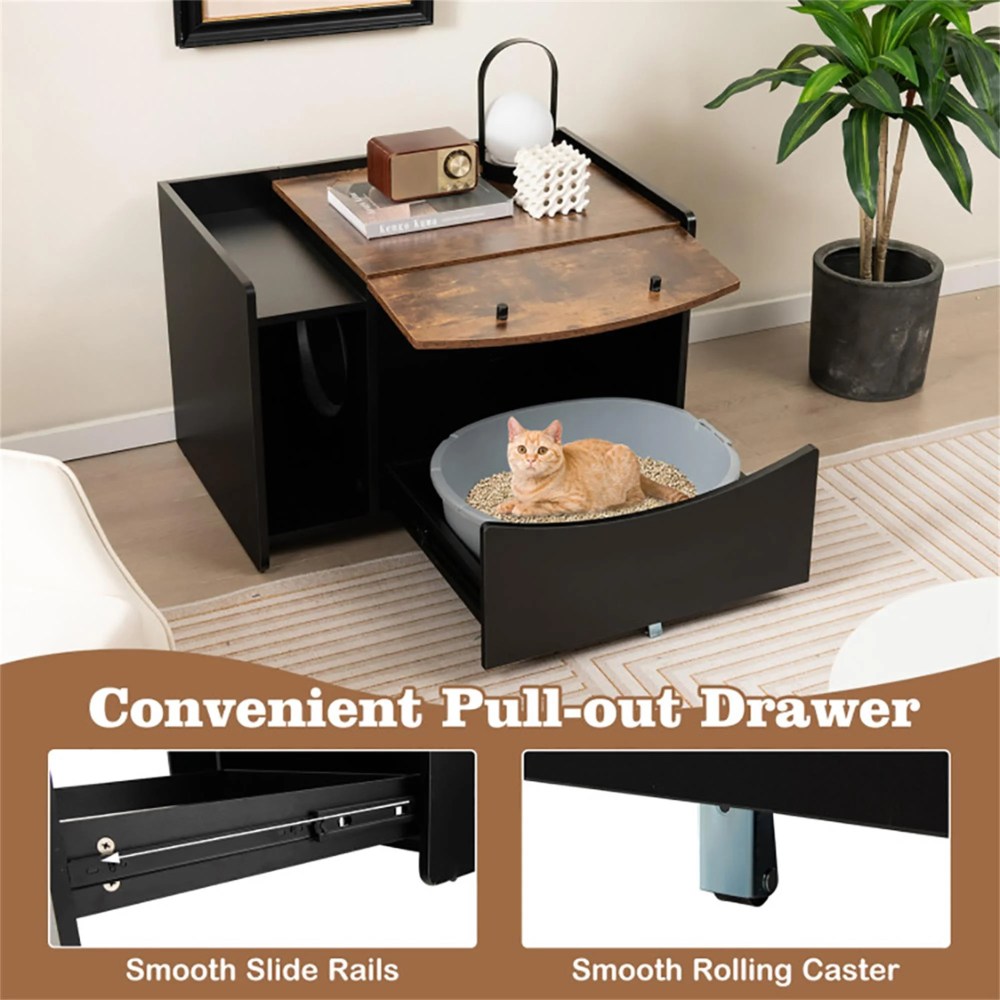 Pefilos 31" Wood Enclosed Cat Litter Box Enclosure, Hideaway Cat House Condo Washroom with Pull-out Drawer for Living Room, Black - Image 7