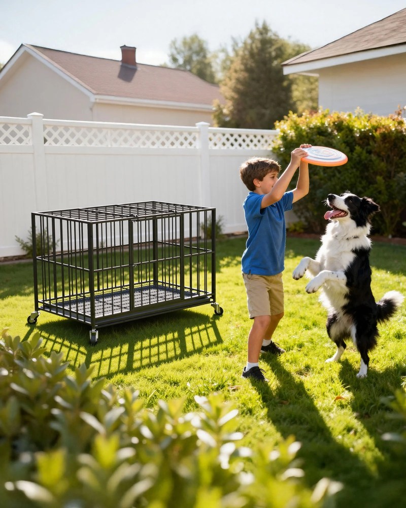 Time Ray 38 inch Dog Crate for Medium Dog with Steel Escape Proof, Heavy Duty Indestructible Dog Kennel with Double Doors, Lockable Wheels and Removable Tray, Black - Image 5