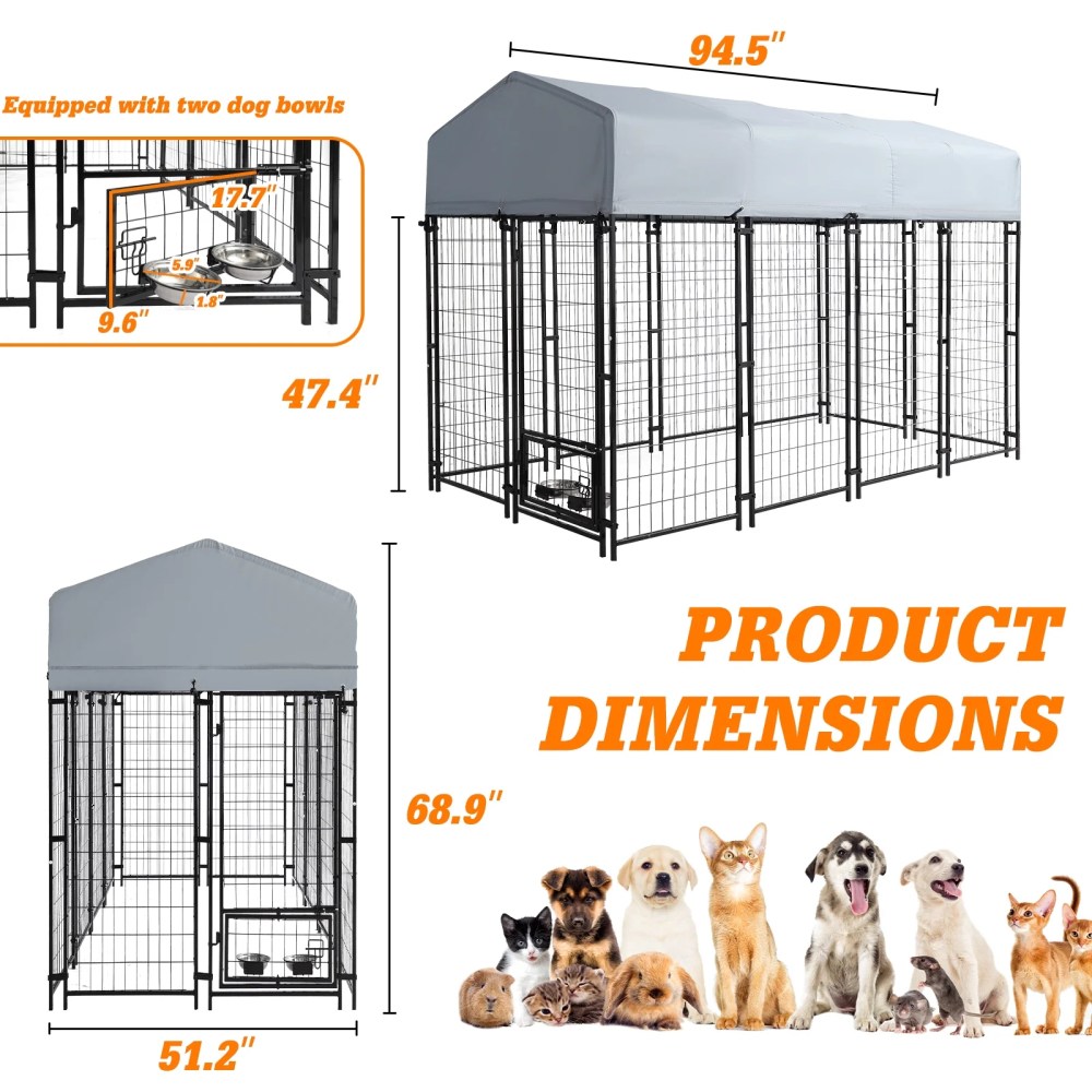 Magic Union 8x4x6 FT Outdoor Dog Kennel with Roof Cover, Heavy Duty Dog House Outside with Lockable Door, Indoor Dog Playpen Outdoor Dog Cage Pen Pet Fence with 2 Rotating Feeding Bowls for Large Do - Image 9