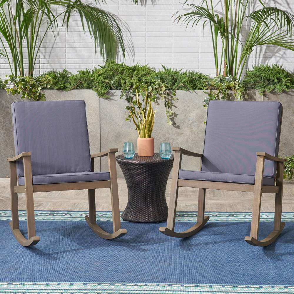 Outdoor Acacia Wood Rocking Chair with Cushion, Grey