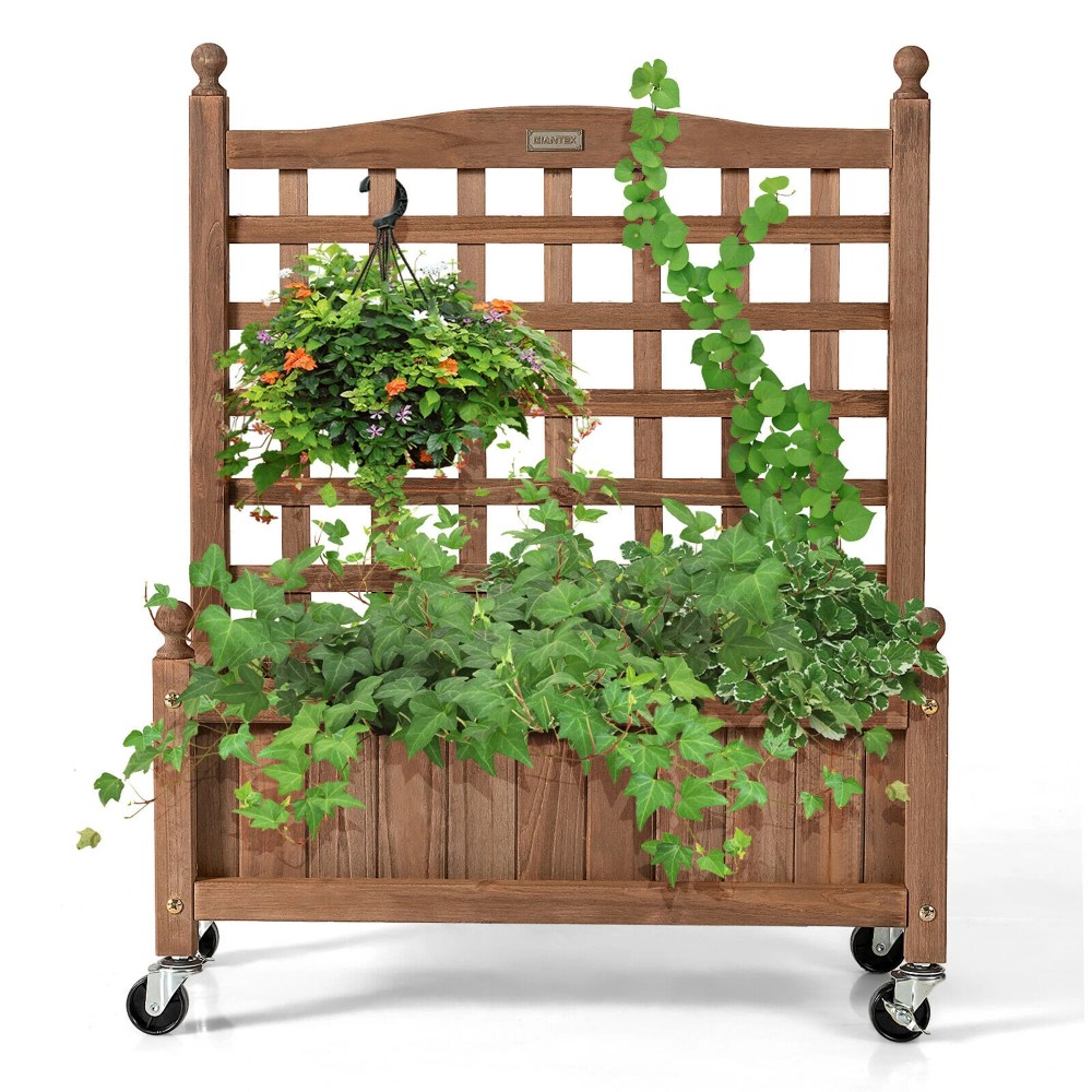 Gymax 2PC 32in Wood Planter Box w/Trellis Mobile Raised Bed for Climbing Plant - Image 2