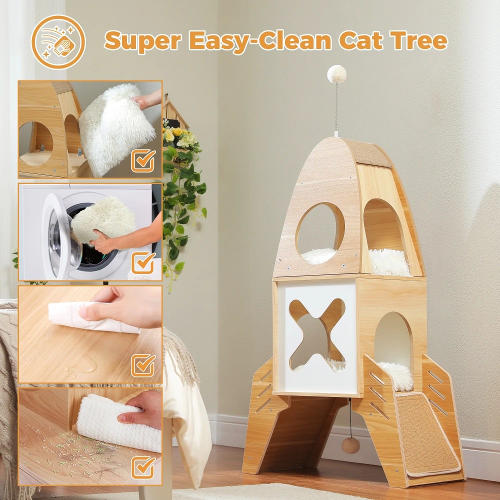 Pefilos 43" Modern Cat Tree Tower Rocket Shape, Multilevel Cat Condo for Large Cats, Cat Tower for Big and Fat Spacious, Beige - Image 7