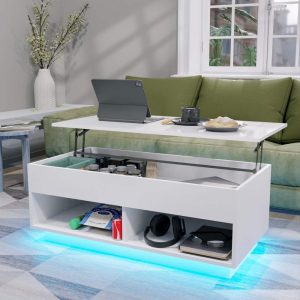 40" Modern Lift Top Coffee Table with Hidden Compartment White Coffee Table with LED Lights High Gloss Cocktail End Table with Open Shelf