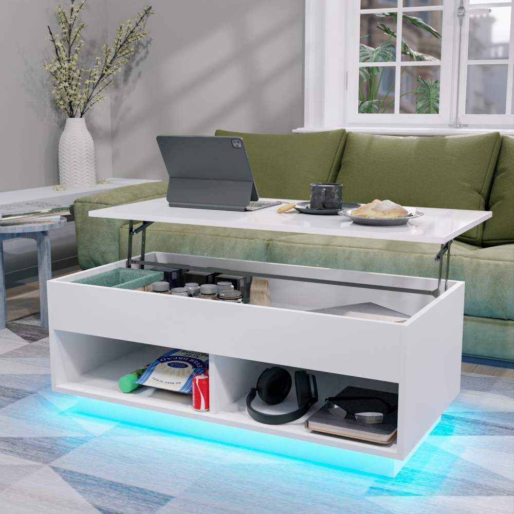 40" Modern Lift Top Coffee Table with Hidden Compartment White Coffee Table with LED Lights High Gloss Cocktail End Table with Open Shelf