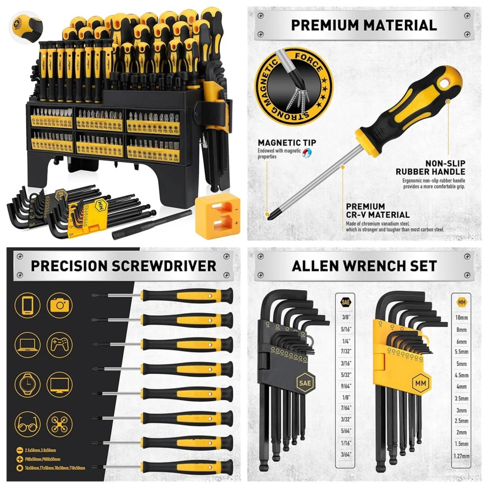 140-Piece Magnetic Screwdriver Set with Plastic Racking,Includes SAE & Metric Hex Keys,Precision Screwdriver and Magnetizer Demagnetizer DIY Tools for Men Tools Gift