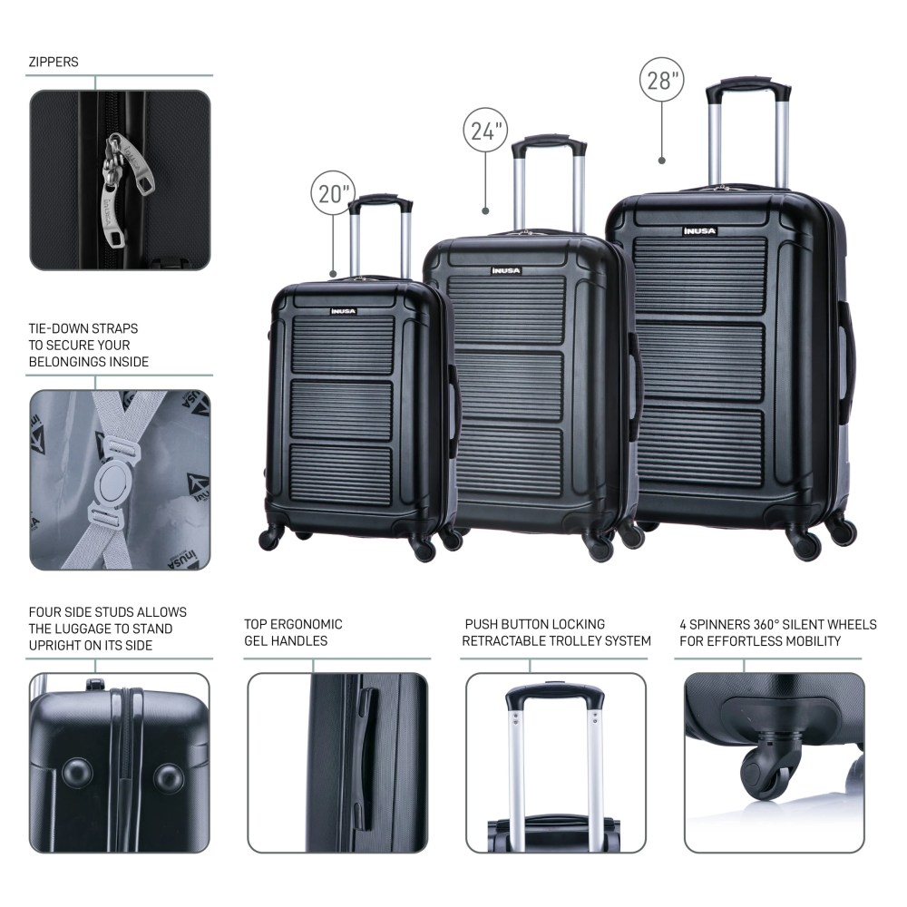 InUSA Pilot 3-Piece Hardside Luggage Sets with Spinner Wheels, Handle, Trolley, (20"/24"/28"), Black - Image 7