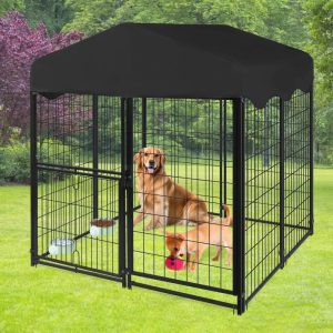 Jhsomdr Outdoor Dog Kennel 4.2ft x 4ft x 4.5ft Welded Wire Large Dog Kennel Dog Cage for Medium/Small Dogs,  Heavy Duty Dog Crate with Rotating Feeding Door & UV-Resistant Cover