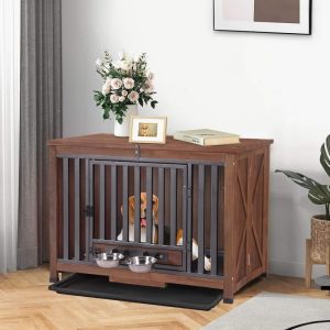 Aivituvin Dog Crate Furniture,  Foldable Wooden Dog Kennel Furniture with 360'Rotating Feeding Bowls,  Iron Frame Dog Crate with Deepened Sliding Tray ,  39.4" L Brown