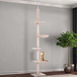 PawHut 9" Adjustable Height Floor-To-Ceiling Vertical Cat Tree - Beige and White