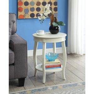 ACME Aberta Round Wooden End Table with Bottom Shelf in Antique White