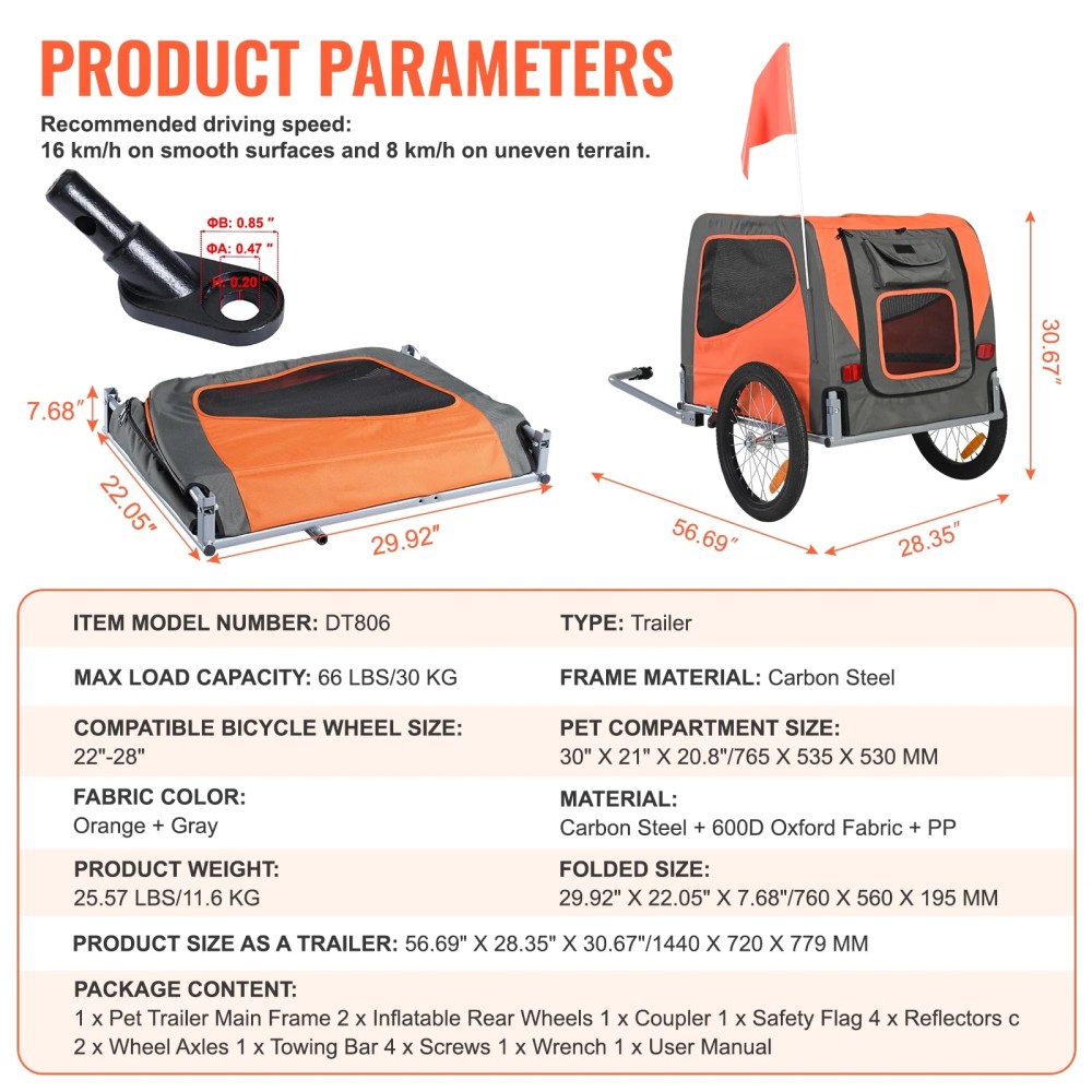 KFFKFF Pet Bicycle Trailer for Dogs and Cats Water-Resistant Steel, Gray Orange - Image 9