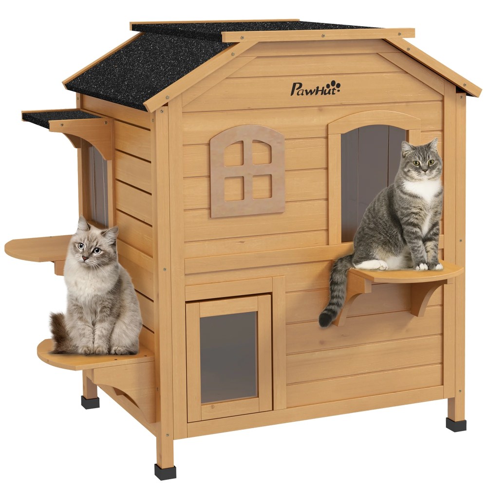 PawHut Outdoor Wooden 2-Story Cat House, Wooden Door, Openable Roof, Jumping Platforms, Natural - Image 7