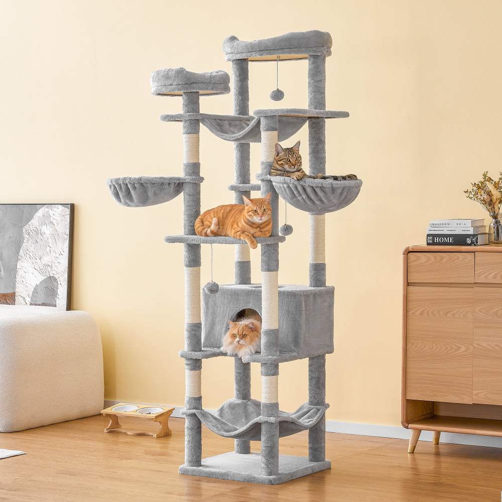 Furcato 77-Inch Cat Tree for Indoor Cats, Multi-Level Large Cat Tower with 4 Hammocks, 2 Padded Perches, Large Cat Condo, Light Gray - Image 8
