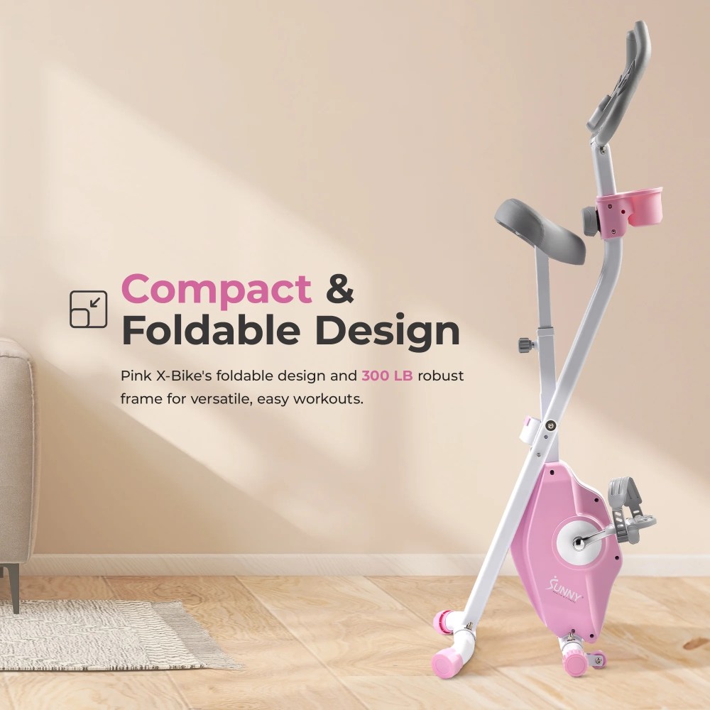 Sunny Health & Fitness Foldable Pink Magnetic Exercise Cycling Upright X-Bike Pro, 300LB Capacity w Smart Bluetooth & FREE SunnyFit App - P2320 - Image 6