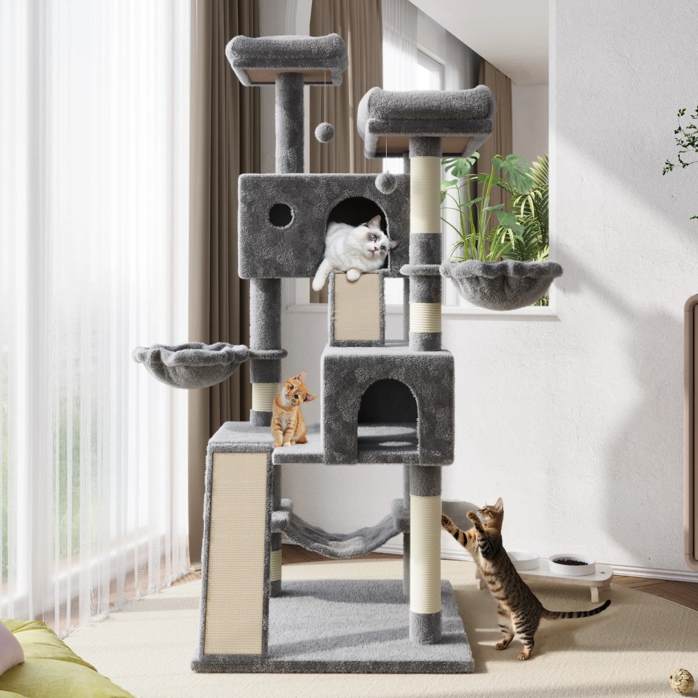 Amolife 65.7" Large Cat Tree and Tower Condo for Indoor Cats with 2 Scratching Boards, Hammock & Post, Gray - Image 6