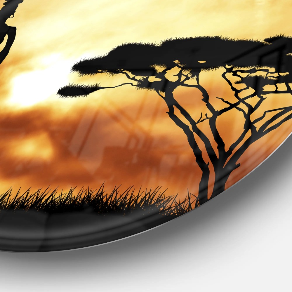Designart African Woman and Lonely Tree'African Landscape Metal Circle Wall Art - Image 2