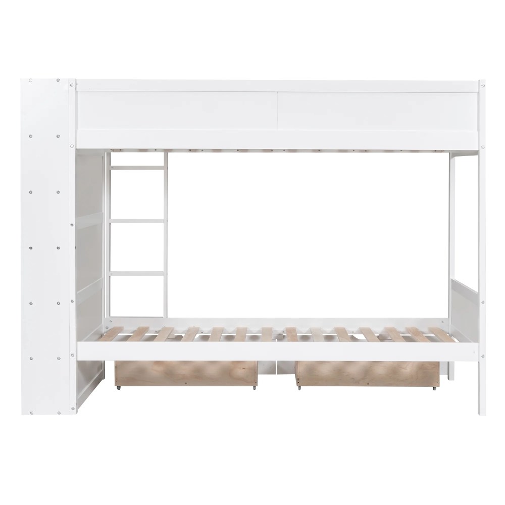 Euroco Pine Wood Twin over Twin Bunk Bed, Storage Bed with Cabinets and Shelves for Kids Teens, Sapce-Saving Design, White - Image 11