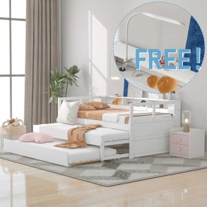 EUROCO Twin Platform Bed with Storage Shelf, Convertible Daybed with Night Light and USB Charging, 3 Beds in One, White