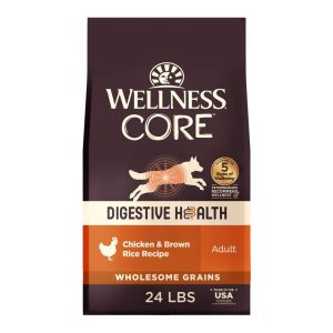 Wellness CORE Digestive Health Adult Dry Dog Food,  Wholesome Grain Kibble,  Sensitive Stomach,  Natural,  High Protein,  Chicken Recipe,  24 lb Bag