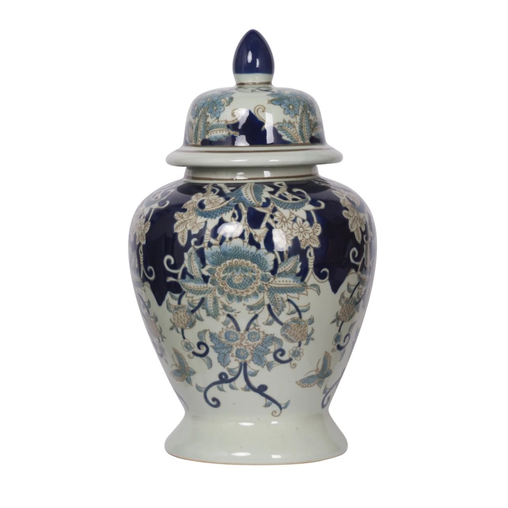 A&B Home 17" Tall Porcelain Vase with Lid Ceramic Blue and White Floral Print Ginger Jar Display Storage Asian Decor Centerpiece
