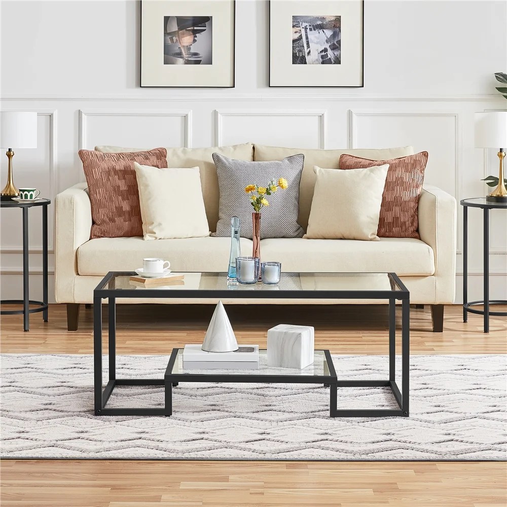 Alden Design Modern Glass Coffee Table with Metal Frame, Black - Image 5
