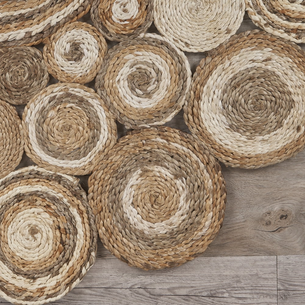Ox Bay Cora 7'6" Round Beige and Brown Braided Circles Jute Indoor Area Rug - Image 4