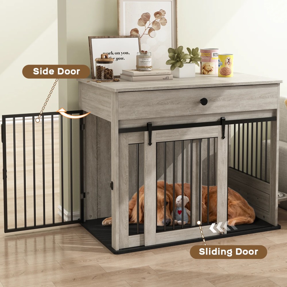 WHIFEA Modern Wooden Dog Crate Furniture with Sliding Barn Door & Side Access, Rotating Feeder Kennel for Medium-Large Dogs, Farmhouse Style, Grey - Image 8