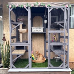 Aivituvin Cat House Outdoor Catio Kitty Enclosure,  Wooden Cat Cage Condo Indoor Playpen with Large Enter Door and Platforms for Kittens