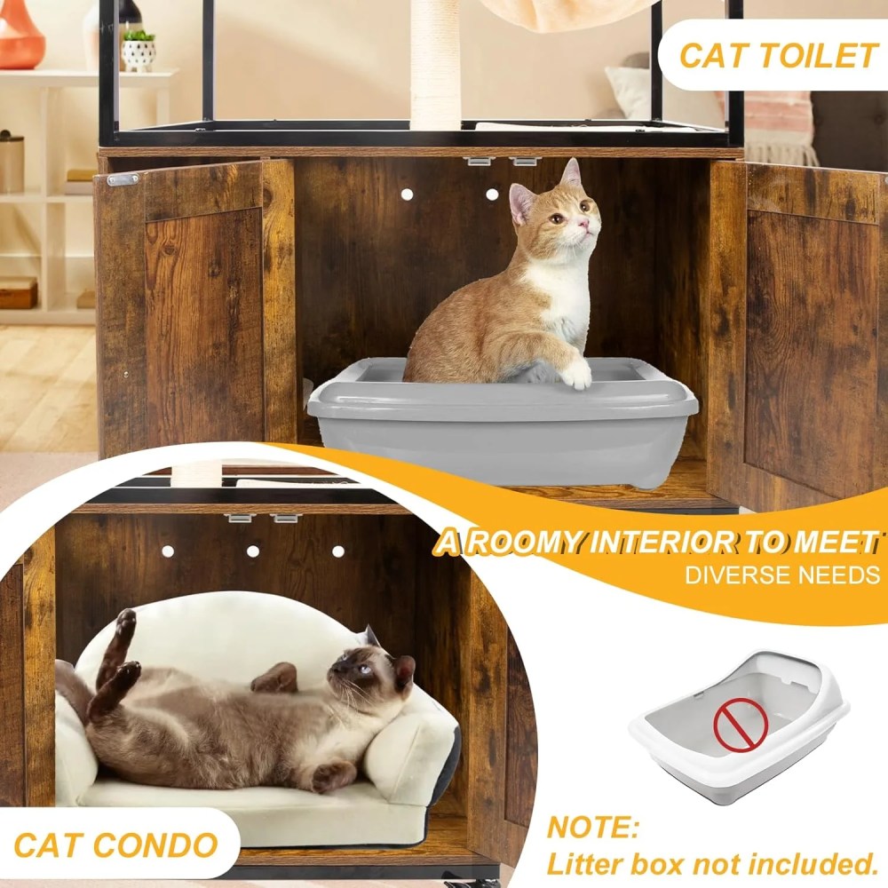 PETSCOSSET Cat Tree with Hidden Litter Box Enclosure, Climbing Platforms, Condo Hammock, and Scratching Post - Image 7