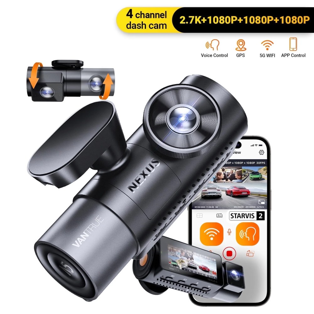 Vantrue 4 Channel WiFi Dash Cam, STARVIS 2 IR Night Vision, 2.7K1080P3 Front Rear Inside Dashcam, Voice Control, GPS, 24 Hours Buffered Parking Mode Dash Camera, Support 512GB Max