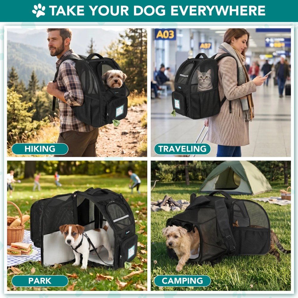 PetAmi Expandable Dog Backpack Carrier for Cats & Pets, Breathable Cat Carrier Backpack with Top Window & Multi-Entry, Ventilated Foldable Travel Carrier for Small Medium Pets up to 18 lbs, Black - Image 6