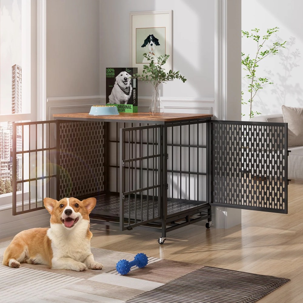 Winkalon 42 Inch Large Dog Crate Rustic Style Furniture Dog Cage Crate with 3 Doors and 4 Wheels Heavy-Duty Kennel, Brown - Image 4