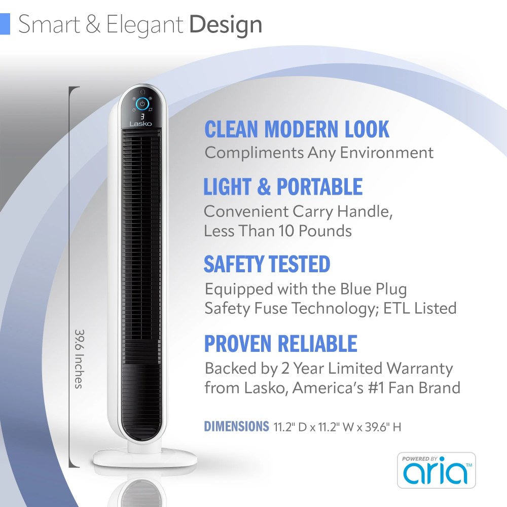 Lasko 40" 5-Speed Smart Tower Fan Powered by Aria, Wi-Fi Connected, Alexa, Google, White, T40735 - Image 2