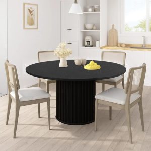 47"Black Round Dining Table for 4-6 People Modern Circle Kitchen Table with Sturdy Waveform Metal Pedestal Base Easy Assembly