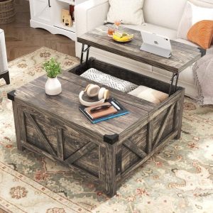 35.6" Lift Top Coffee Table with Storage,Farmhouse Square Coffee Table with Charging Ports,Wood Center Table w/Large Hidden Space for Living Room Home Office, Dark Grey
