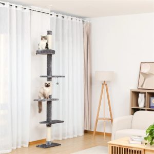 Pefilos Adjustable 90"-108" Tall Cat Tree for Indoor Cats, Multilevel Cat Tower with Sisal Scratching Posts, Floor-to-Ceiling Cat Condo for Adult Cats, Gray