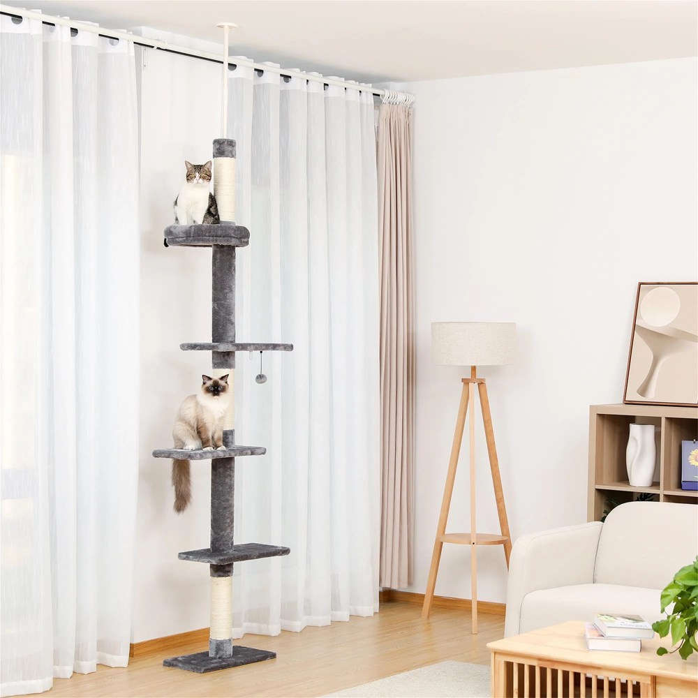 Pefilos Adjustable 90"-108" Tall Cat Tree for Indoor Cats, Multilevel Cat Tower with Sisal Scratching Posts, Floor-to-Ceiling Cat Condo for Adult Cats, Gray