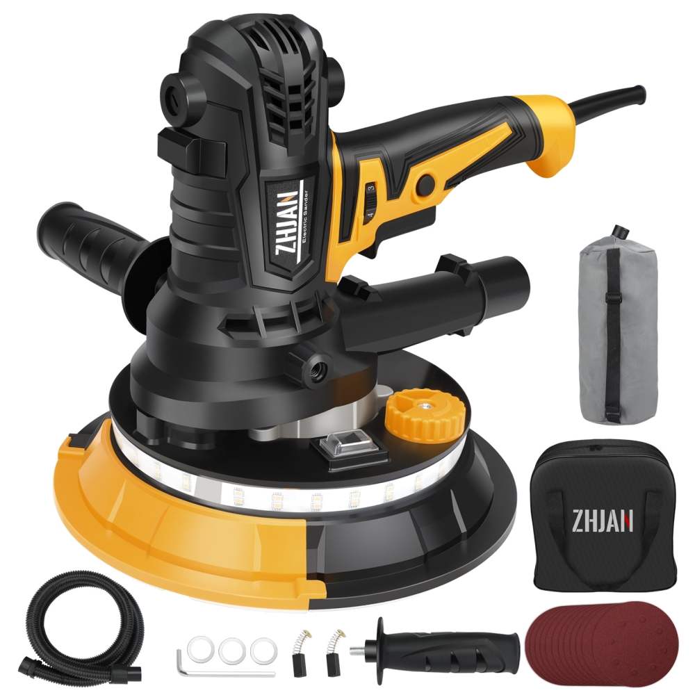 ZHJAN 7" Handheld Electric Drywall Sander 900W with Vacuum & LED - Dual-Grit,12 Discs,Portable Wall Polisher