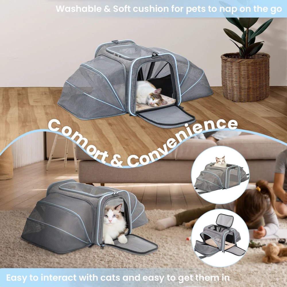 Petsfit 19" Expandable Soft-Sided Cat Carrier, Airline Approved Portable Washable Pet Travel Carrier with Two Extension for Kittens, Light Gray - Image 8